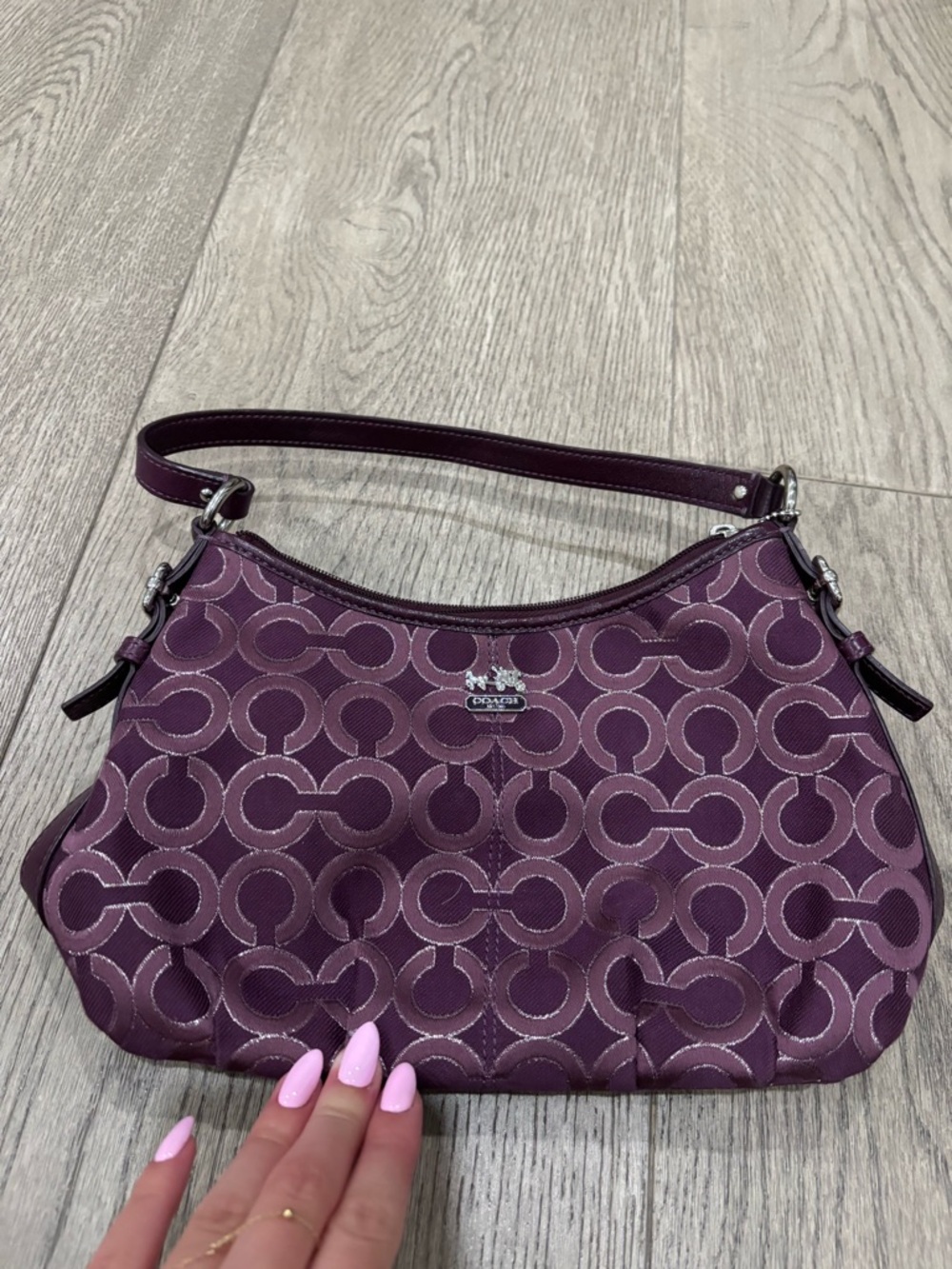 Coach Purple Signature Jacquard Shoulder Bag with Leather Trim